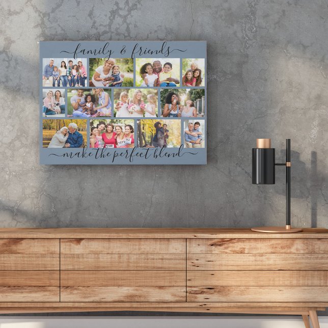 Family Quote 12 Photo Collage Blue Masonry Grid Faux Canvas Print (Creator Uploaded)