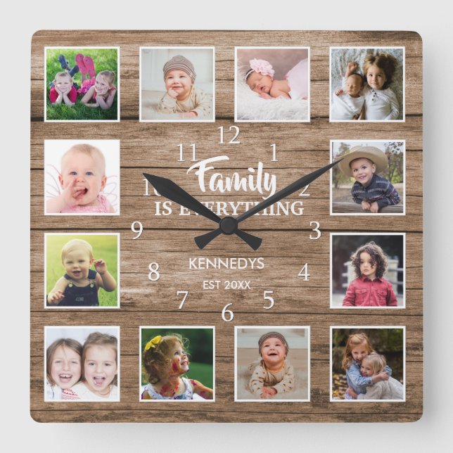 Family Quote 12 Photo Collage Reclaimed Wood Square Wall Clock (Front)