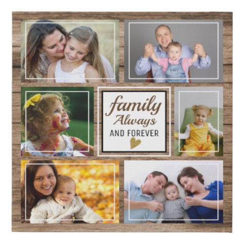 Family Quote 6 Photo Collage Rustic Wood   Faux Canvas Print