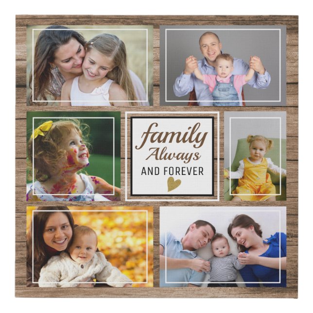 Family Quote 6 Photo Collage Rustic Wood   Faux Canvas Print (Front)