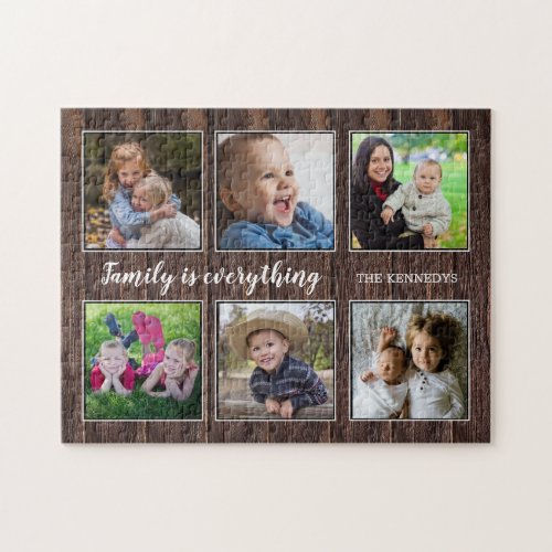 Family Quote 6 Photo Collage Rustic Wood Jigsaw Puzzle