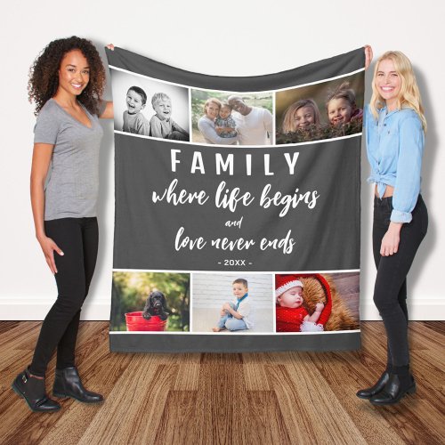 Family Quote 6 Photo Collage Script Keepsake Fleece Blanket