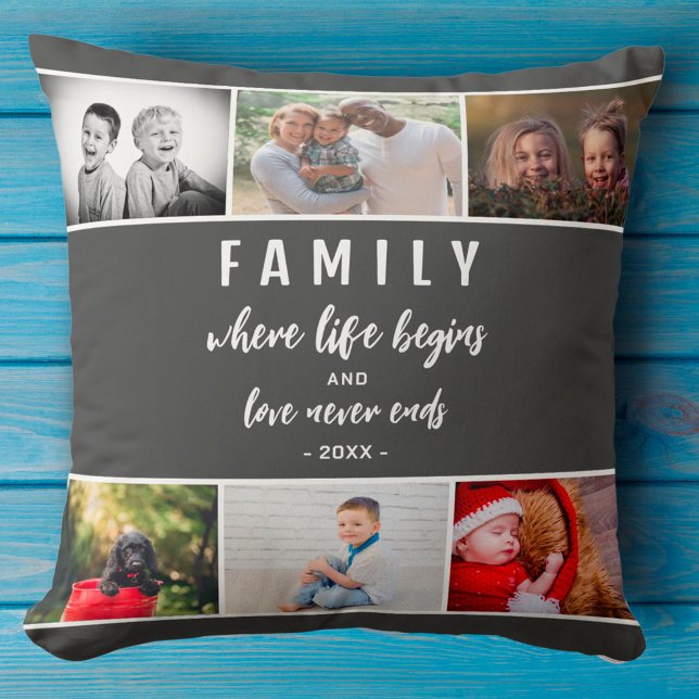 Family Quote 6 Photo Collage Script Keepsake Throw Pillow (Creator Uploaded)
