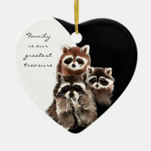 Family Quote Dated  Watercolor Raccoon Animal Ceramic Ornament