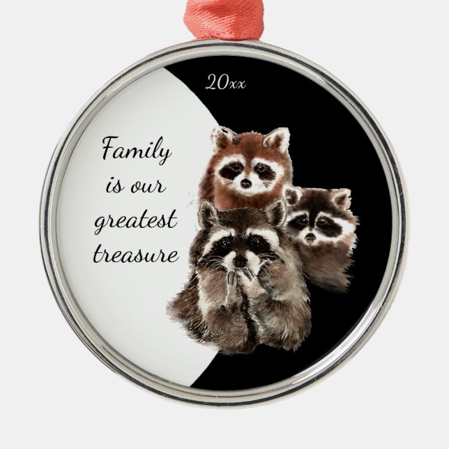 Family Quote Dated  Watercolor Raccoon Animal Metal Ornament (Front)