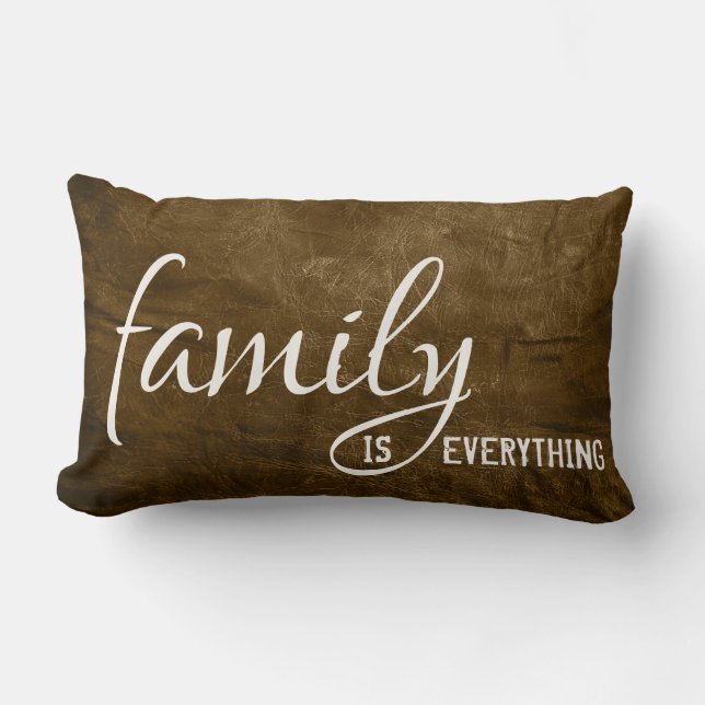Family quote on brown leather background lumbar pillow (Front)