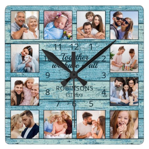 Family Quote Photo Collage Rustic Blue Wood Square Wall Clock