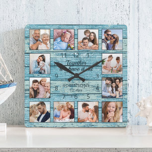 Family Quote Photo Collage Rustic Blue Wood Square Wall Clock