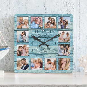 Family Quote Photo Collage Rustic Blue Wood Square Wall Clock
