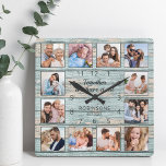 Family Quote Photo Collage Rustic Blue Wood Square Wall Clock<br><div class="desc">Easily create your own personalized blue rustic driftwood planks lake house style wall clock with your custom photos. The design also features a beautiful handwritten script quote: "Together we have it all". For best results, crop the images to square - with the focus point in the center - before uploading....</div>