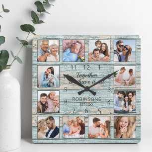 Family Quote Photo Collage Rustic Blue Wood Square Wall Clock
