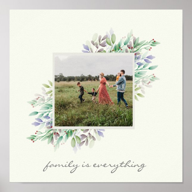 Family Quote Photo Winter Watercolor Florals Poster (Front)