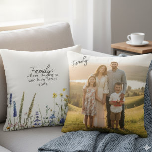 Family Quote Wildflower Botanical Photo Keepsake Throw Pillow