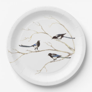 Family Quote with Watercolor Magpie Bird Family Paper Plates