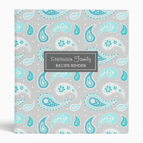 Family  Recipe Binder Aqua Gray Paisley