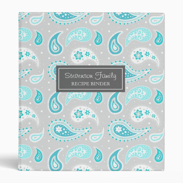 Family  Recipe Binder Aqua Gray Paisley (Front)
