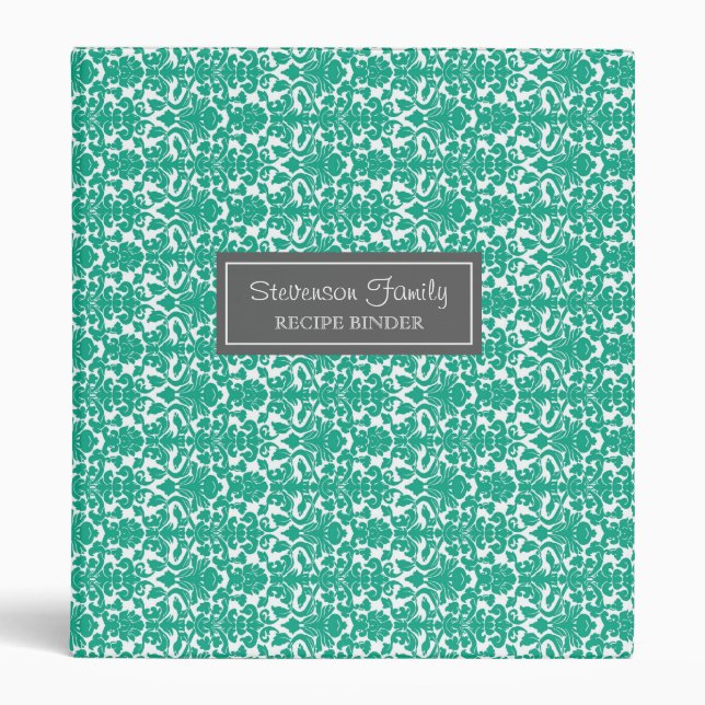 Family  Recipe Binder Colorful Green Damask (Front)