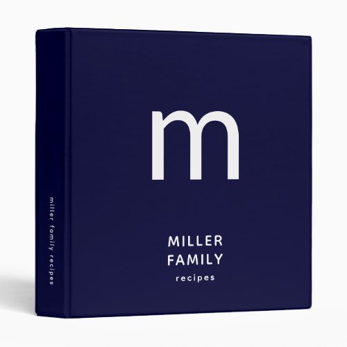 Family Recipe Binder with Monogram Initial Navy