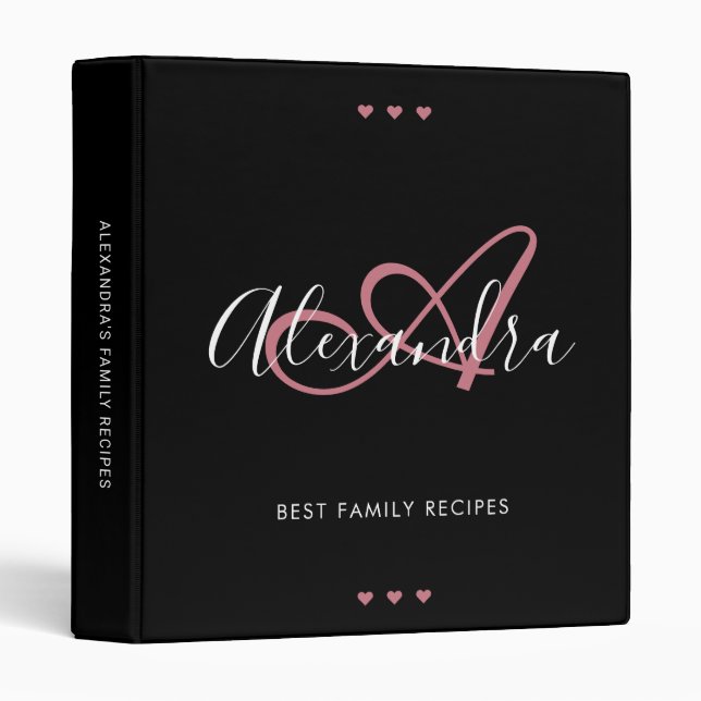 Family Recipe Chic Script Black Rose Gold Monogram 3 Ring Binder (Front/Spine)