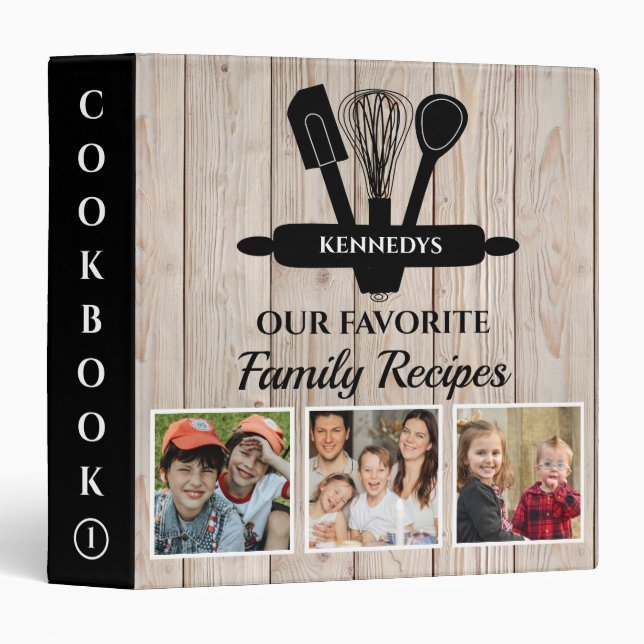 Family Recipe Cookbook  Rustic Wood 3 Photo  3 Ring Binder (Front/Spine)