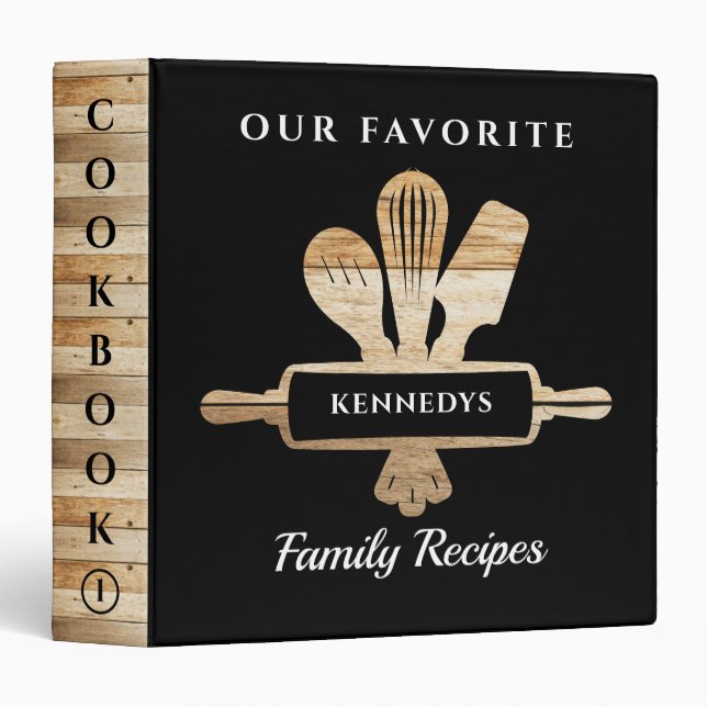 Family Recipe Cookbook Rustic Wood On Black  3 Ring Binder (Front/Spine)