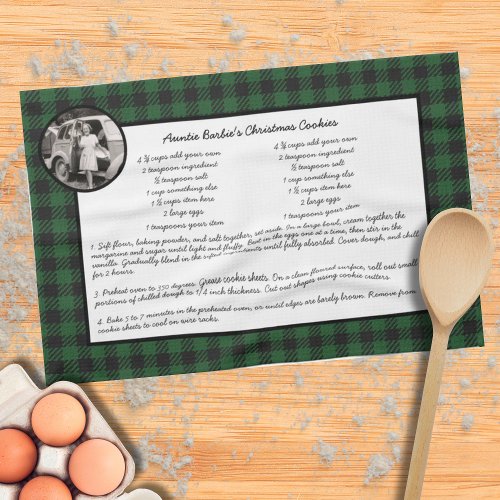 Family Recipe Green Gingham Holiday Vintage Photo Kitchen Towel