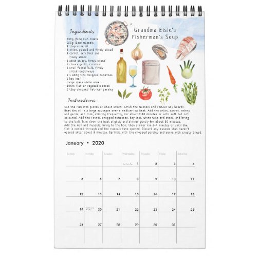 Family Recipe Heirloom Keepsake  Watercolor Calendar
