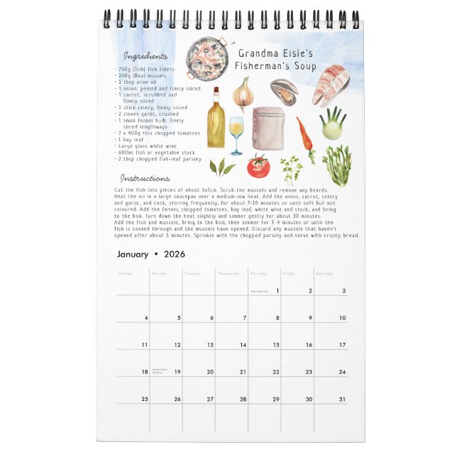 Family Recipe Heirloom Keepsake | Watercolor Calendar (Jan 2026)