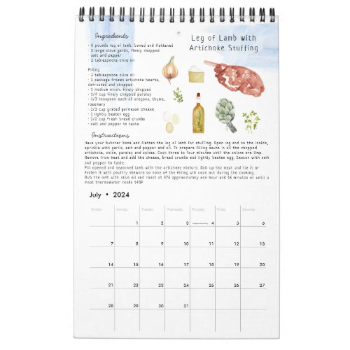 Family Recipe Heirloom Keepsake  Watercolor  Calendar