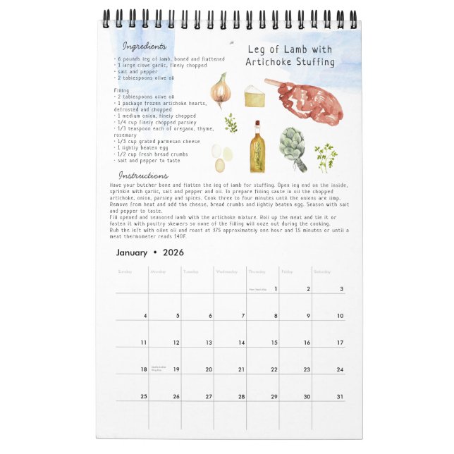 Family Recipe Heirloom Keepsake | Watercolor  Calendar (Jan 2026)