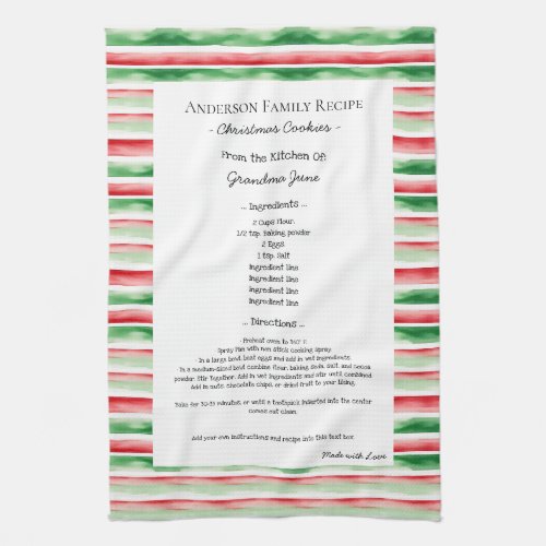 Family Recipe Heirloom Text Christmas Watercolor Kitchen Towel