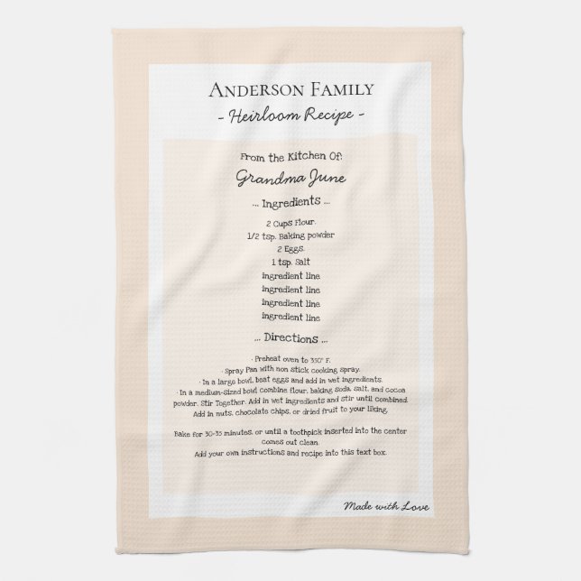 Family Recipe Keepsake Heirloom Text Kitchen Towel (Vertical)