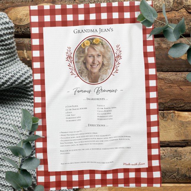 Family Recipe Keepsake Photo Gingham Kitchen Towel (Creator Uploaded)
