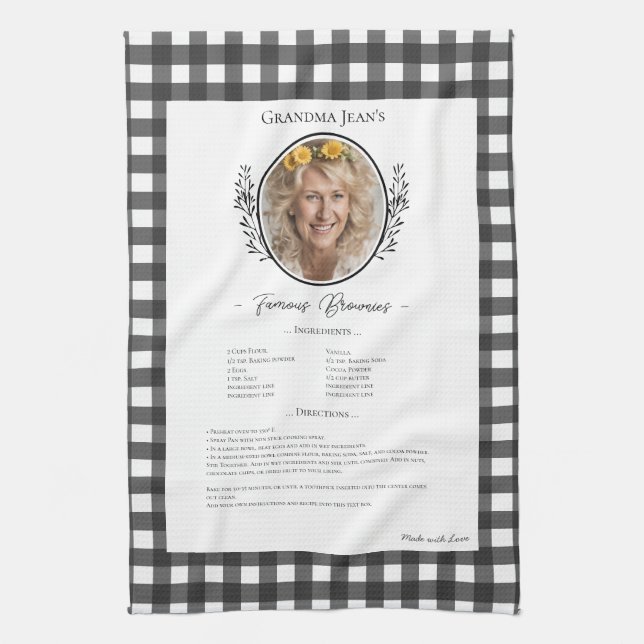 Family Recipe Keepsake Photo Gingham Kitchen Towel (Vertical)