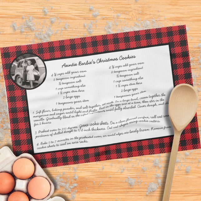 Family Recipe Red Black Plaid Holiday Photo Kitchen Towel (Creator Uploaded)