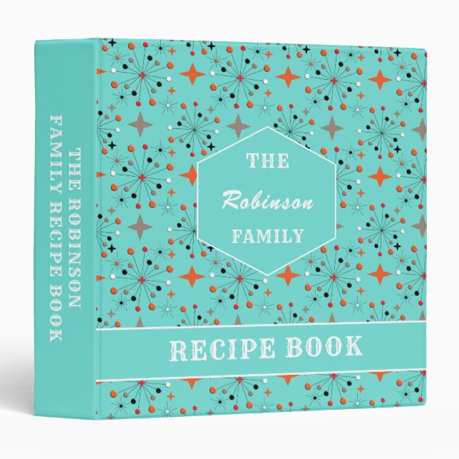 Family Recipe Retro Atomic Starburst Personalized 3 Ring Binder (Front/Spine)