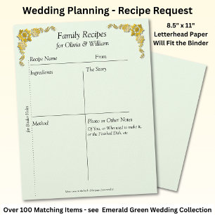 Family Recipe Sheets, Emerald Green & Gold Letterhead