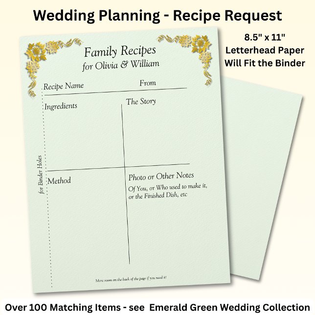 Family Recipe Sheets, Emerald Green & Gold Letterhead (Creator Uploaded)