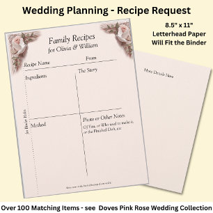 Family Recipe Sheets, Pink Roses & Doves Wedding Letterhead