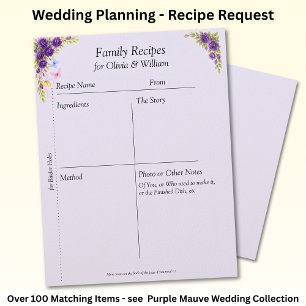Family Recipe Sheets, Purple Mauve Flowers & White Letterhead
