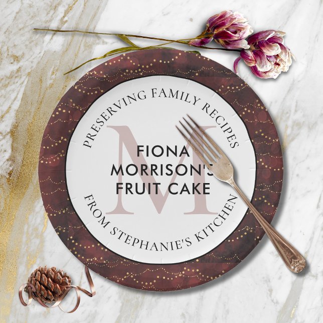 Family Recipes Burgundy Christmas Party Paper Plates (Burgundy Golden Lights Christmas Party Paper Plate with Monogram Preserving Family Recipes)