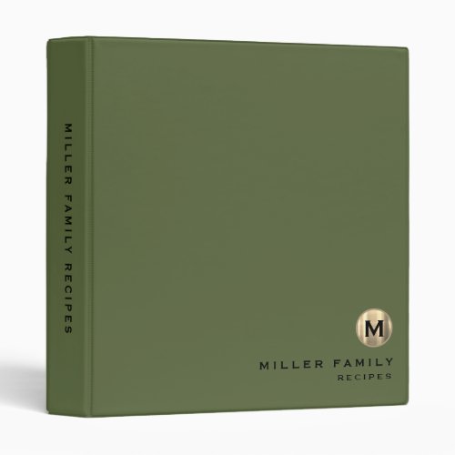 Family Recipes Metallic Gold Monogram Olive 3 Ring Binder