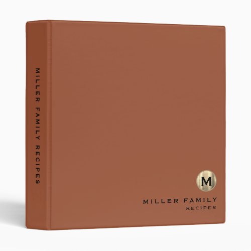 Family Recipes Metallic Gold Monogram Terracotta 3 Ring Binder