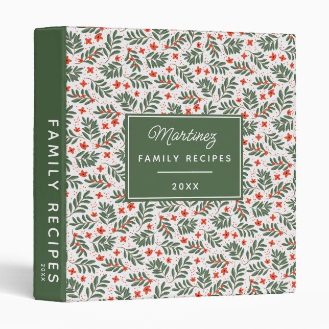 Family Recipes Modern Green Botanical Pattern 3 Ring Binder (Front/Spine)