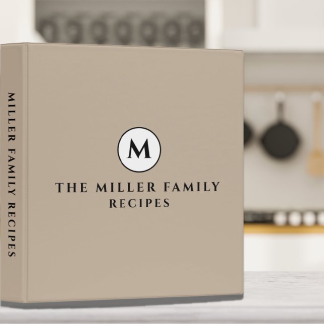 Family Recipes | Monogram | Beige Black & White 3 Ring Binder (Creator Uploaded)
