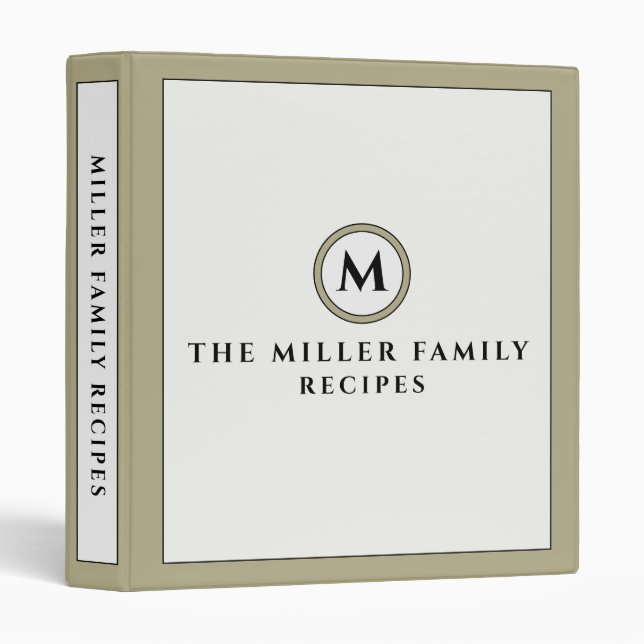 Family Recipes | Monogram | Sage Green 3 Ring Binder (Front/Spine)
