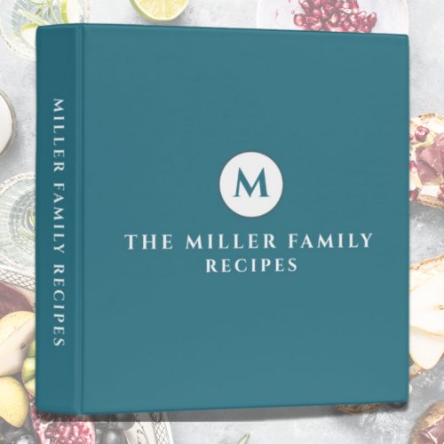 Family Recipes  Monogrammed  Turquoise 3 Ring Binder