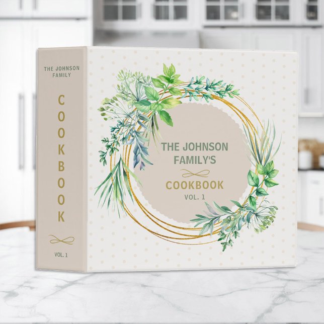Family Recipes Organizer Aromatic Herbs Gold Green 3 Ring Binder (family recipes organizer cookbook binder aromatic herb cooking gold green mom grandma gift christmas)
