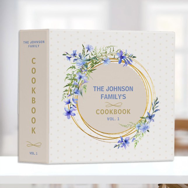 Family Recipes Organizer Blue Wildflowers Elegant 3 Ring Binder (family recipes organizer cookbook binder blue wildflowers wreath gold circles personalized gift mom )