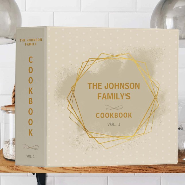Family Recipes Organizer Gold Hexagons Geometric 3 Ring Binder (family recipes organizer personalized binder mom gift geometric gold hexagons rustic farm cottage)